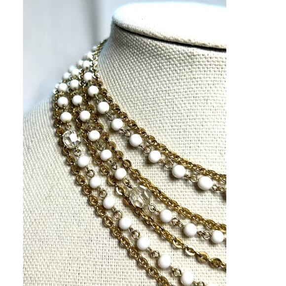 Vintage Lisner Multistrand Necklace Gold Tone White Clear Lucite Beads 1950s-60s - Picture 9 of 10